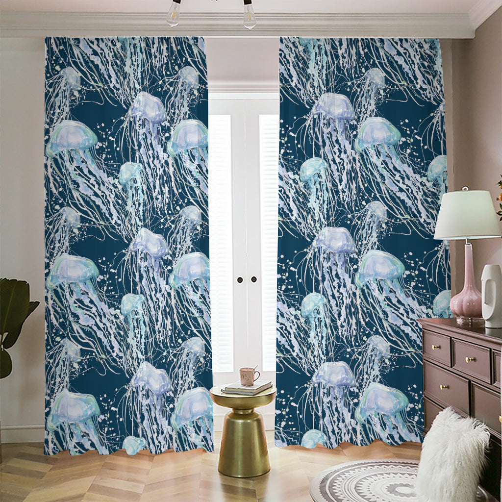 Watercolor Jellyfish Pattern Print Blackout Pencil Pleat Curtains