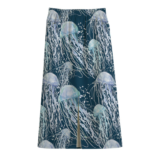 Watercolor Jellyfish Pattern Print Cotton Front Slit Maxi Skirt