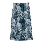 Watercolor Jellyfish Pattern Print Cotton Front Slit Maxi Skirt
