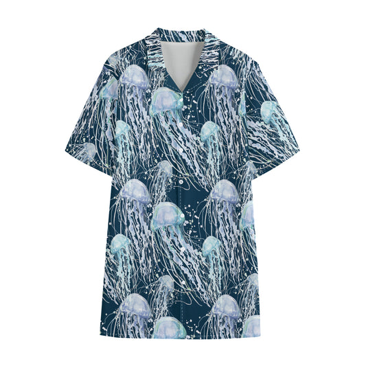 Watercolor Jellyfish Pattern Print Cotton Hawaiian Shirt