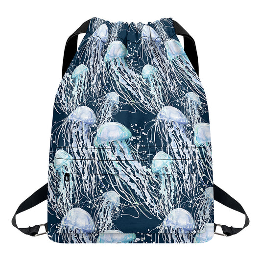 Watercolor Jellyfish Pattern Print Drawstring Backpack
