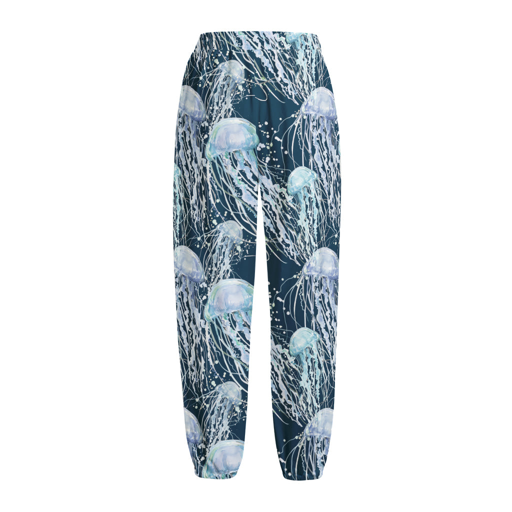 Watercolor Jellyfish Pattern Print Fleece Lined Knit Pants