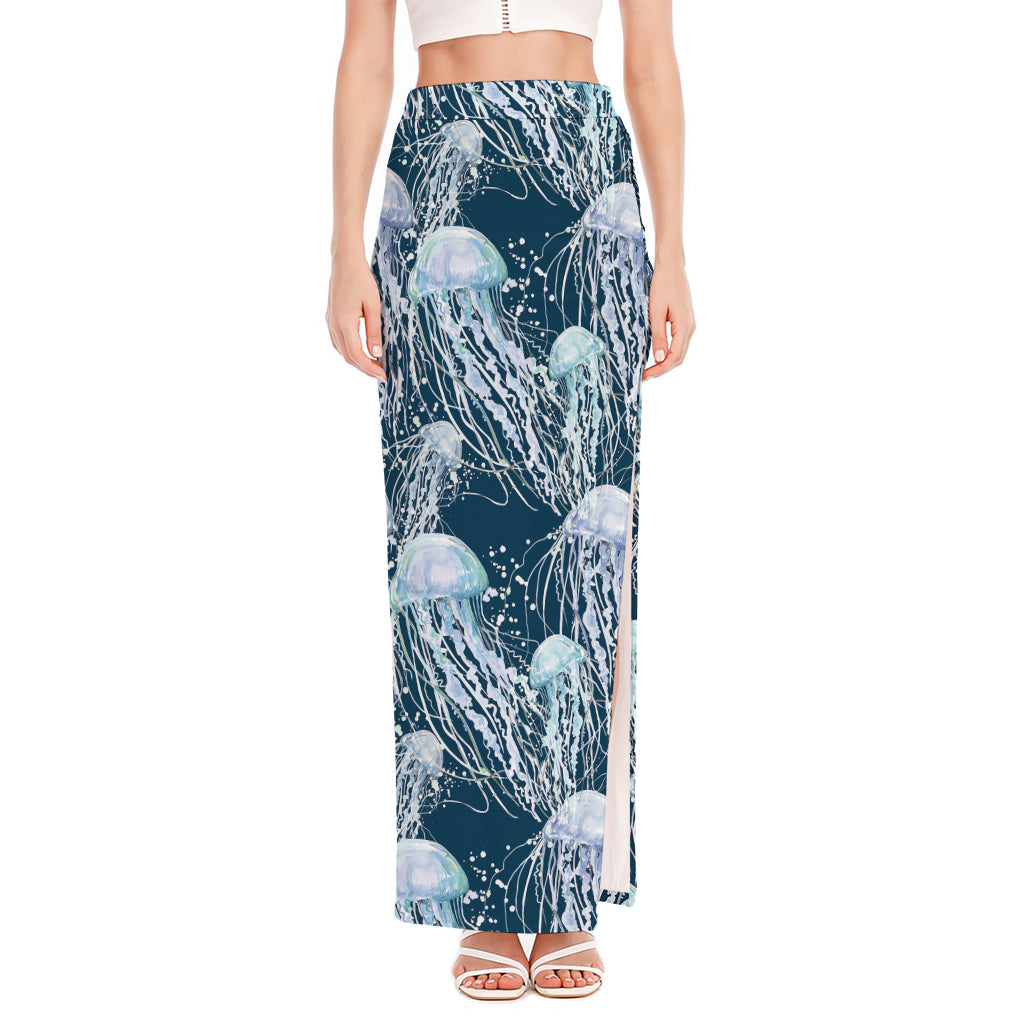 Watercolor Jellyfish Pattern Print High Slit Maxi Skirt