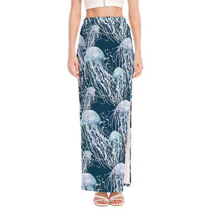 Watercolor Jellyfish Pattern Print High Slit Maxi Skirt