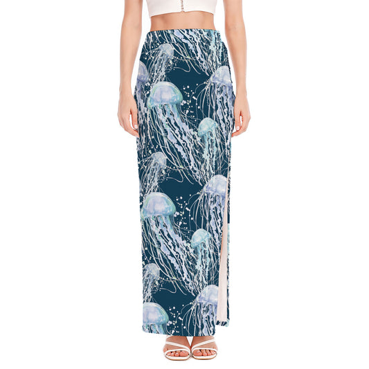 Watercolor Jellyfish Pattern Print High Slit Maxi Skirt