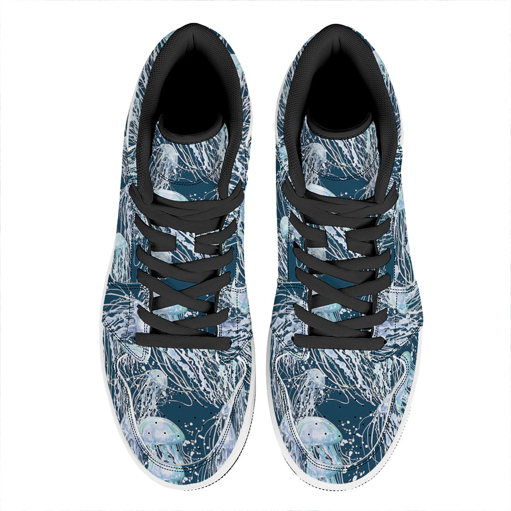 Watercolor Jellyfish Pattern Print High Top Leather Sneakers