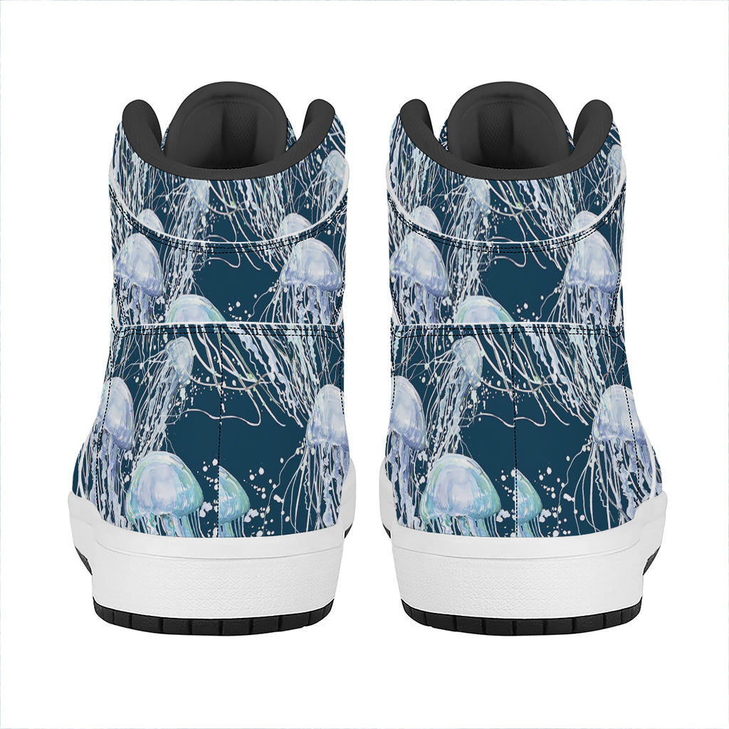 Watercolor Jellyfish Pattern Print High Top Leather Sneakers