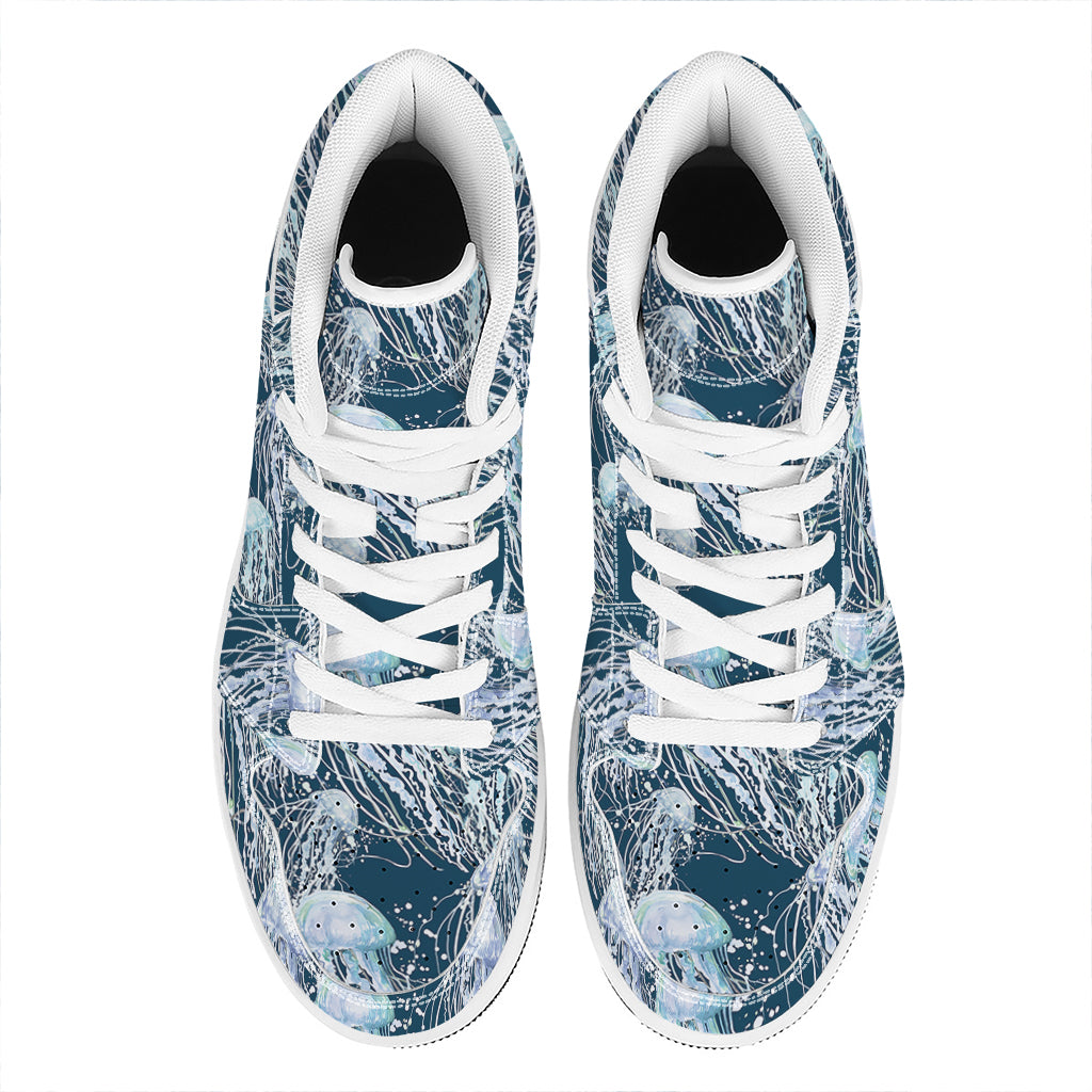 Watercolor Jellyfish Pattern Print High Top Leather Sneakers