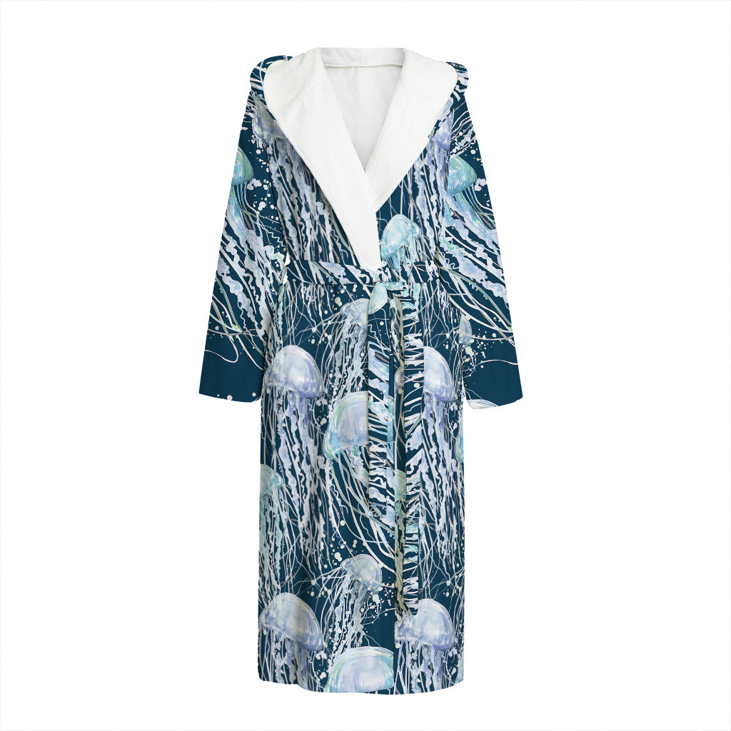Watercolor Jellyfish Pattern Print Hooded Bathrobe