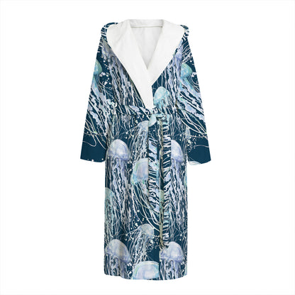 Watercolor Jellyfish Pattern Print Hooded Bathrobe