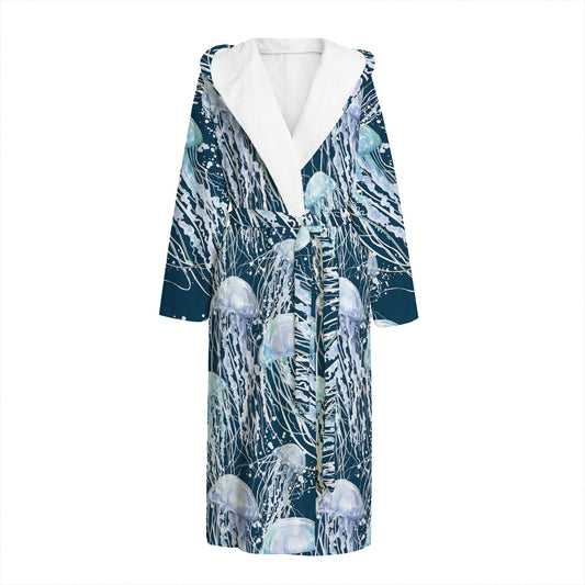 Watercolor Jellyfish Pattern Print Hooded Bathrobe