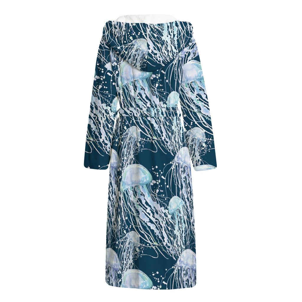 Watercolor Jellyfish Pattern Print Hooded Bathrobe