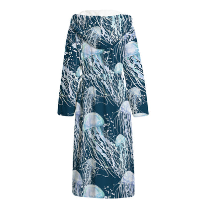 Watercolor Jellyfish Pattern Print Hooded Bathrobe