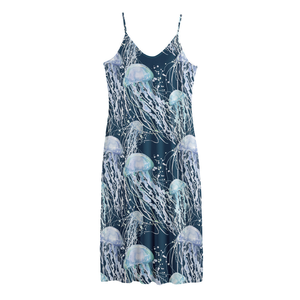 Watercolor Jellyfish Pattern Print Jersey Midi Cami Dress