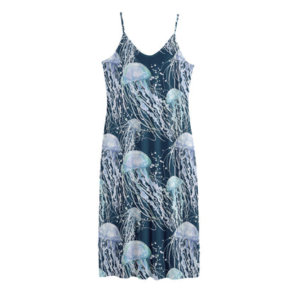 Watercolor Jellyfish Pattern Print Jersey Midi Cami Dress