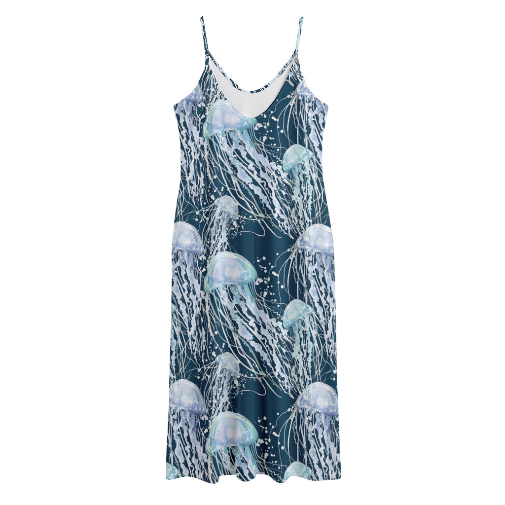Watercolor Jellyfish Pattern Print Jersey Midi Cami Dress