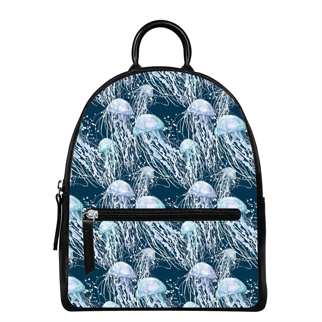 Watercolor Jellyfish Pattern Print Leather Backpack