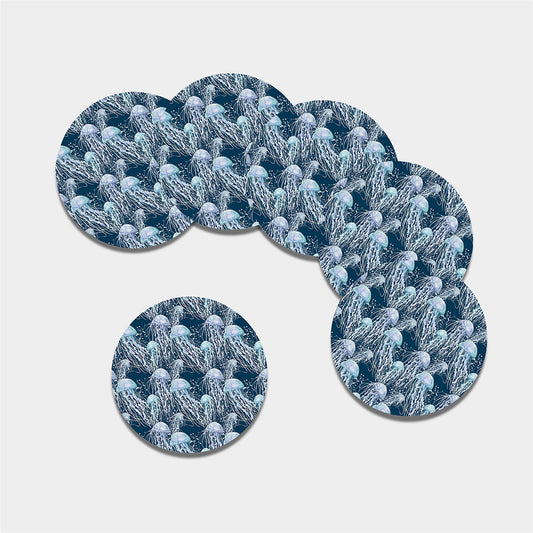 Watercolor Jellyfish Pattern Print Leather Coaster Set