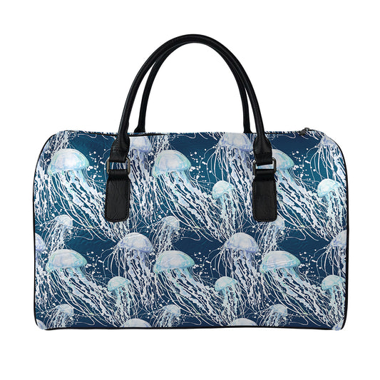 Watercolor Jellyfish Pattern Print Leather Duffle Bag