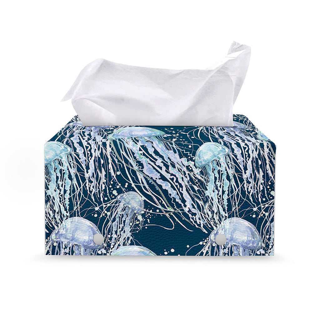 Watercolor Jellyfish Pattern Print Leather Tissue Box Cover