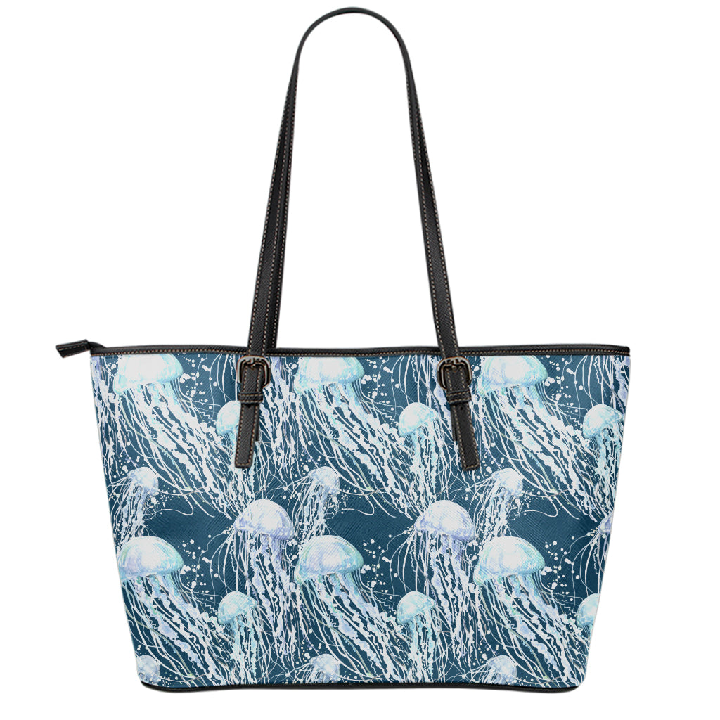 Watercolor Jellyfish Pattern Print Leather Tote Bag