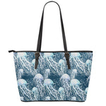 Watercolor Jellyfish Pattern Print Leather Tote Bag