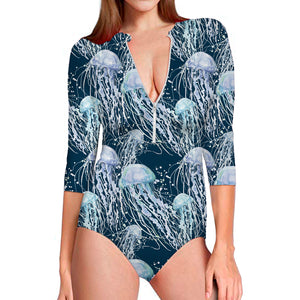 Watercolor Jellyfish Pattern Print Long Sleeve Swimsuit