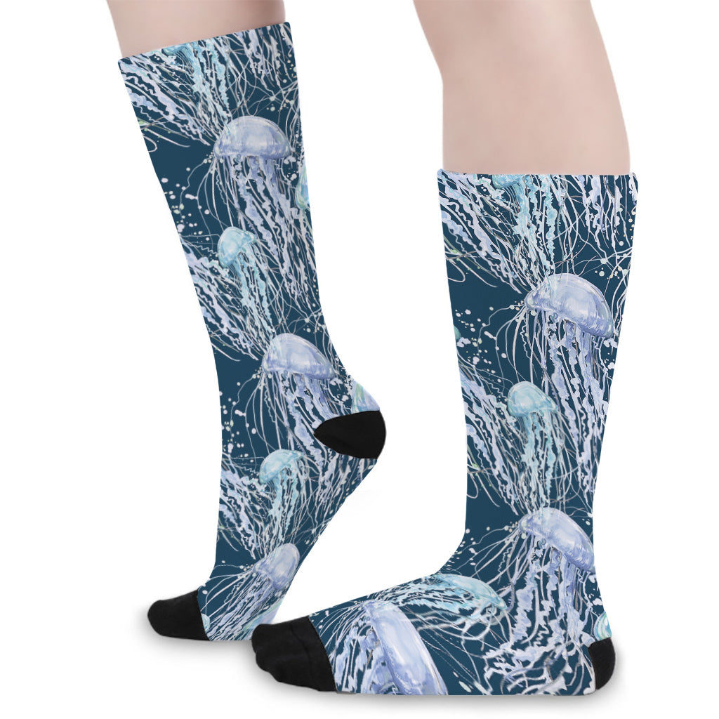 Watercolor Jellyfish Pattern Print Long Socks