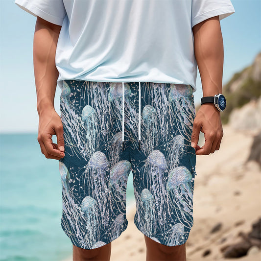 Watercolor Jellyfish Pattern Print Men's Cargo Shorts