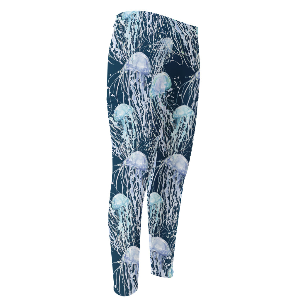 Watercolor Jellyfish Pattern Print Men's Compression Pants