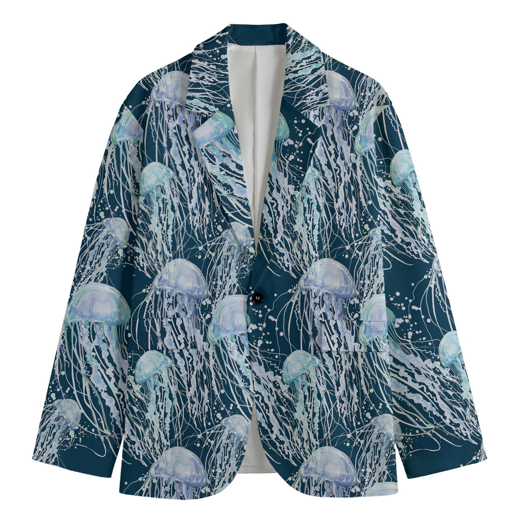 Watercolor Jellyfish Pattern Print Men's Cotton Blazer