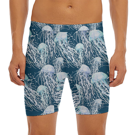 Watercolor Jellyfish Pattern Print Men's Long Boxer Briefs