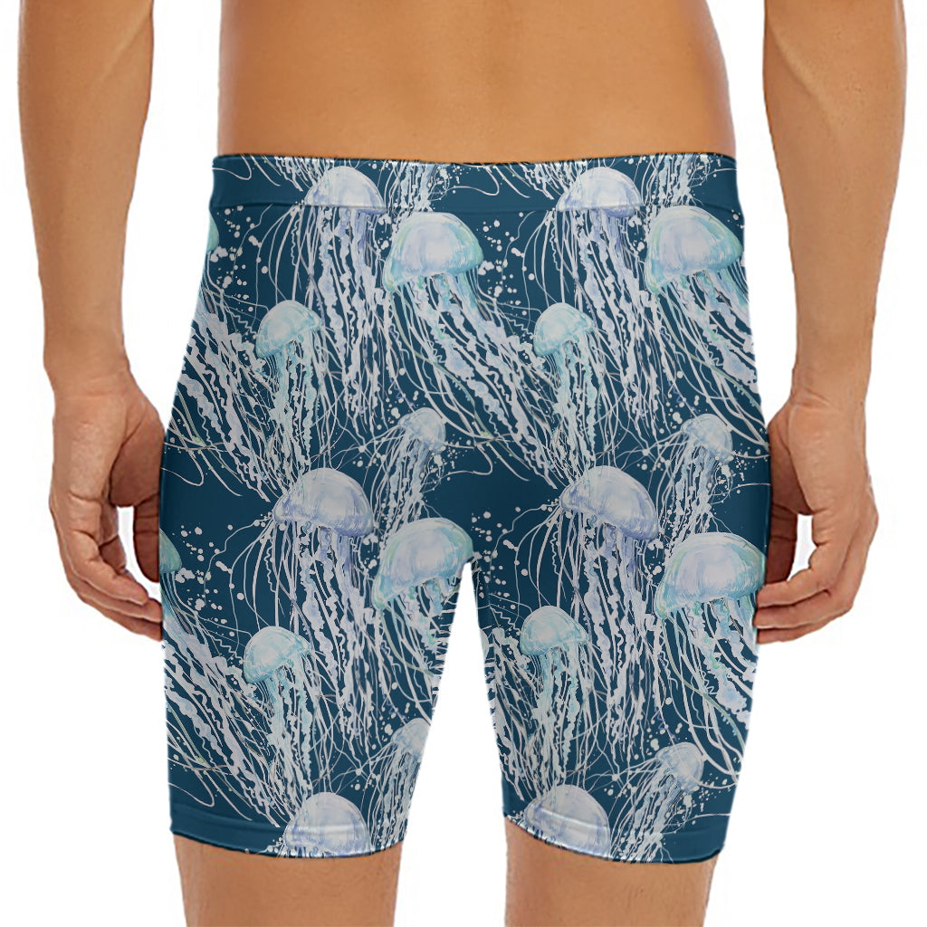 Watercolor Jellyfish Pattern Print Men's Long Boxer Briefs
