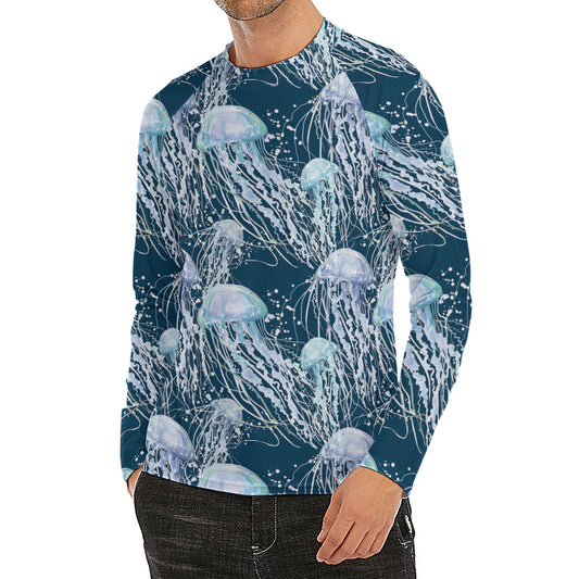 Watercolor Jellyfish Pattern Print Men's Long Sleeve Rash Guard