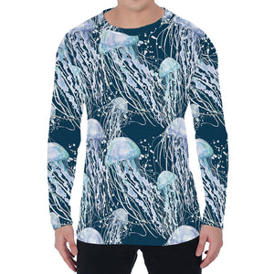 Watercolor Jellyfish Pattern Print Men's Long Sleeve T-Shirt