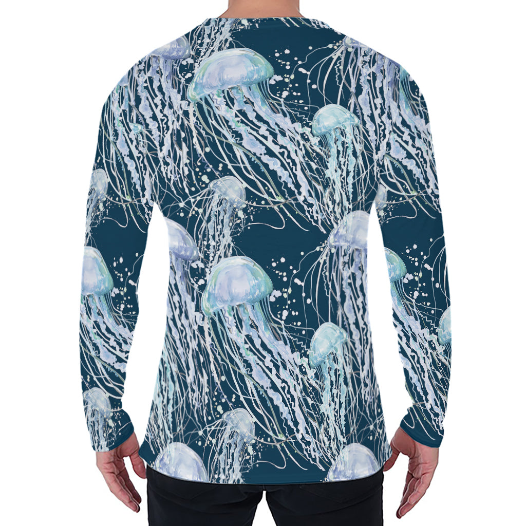 Watercolor Jellyfish Pattern Print Men's Long Sleeve T-Shirt