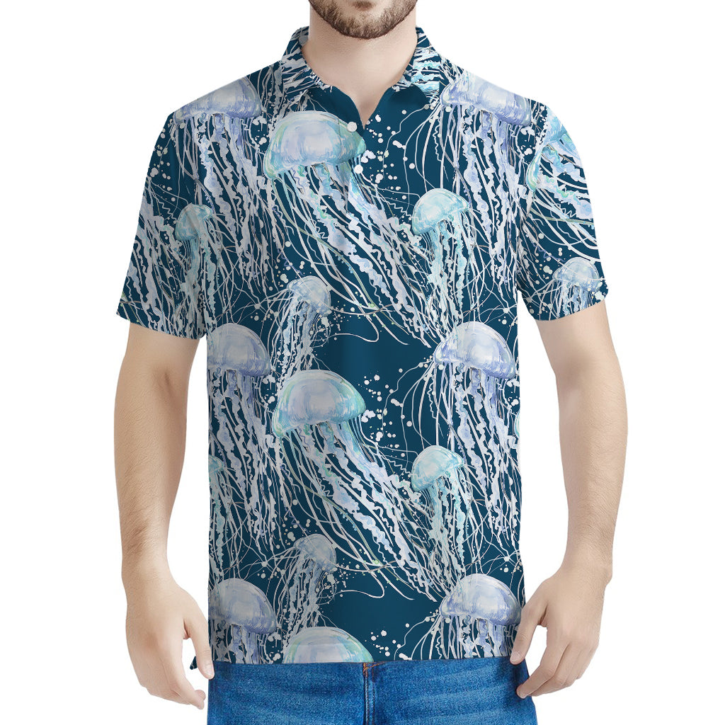 Watercolor Jellyfish Pattern Print Men's Polo Shirt