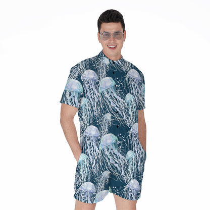 Watercolor Jellyfish Pattern Print Men's Rompers