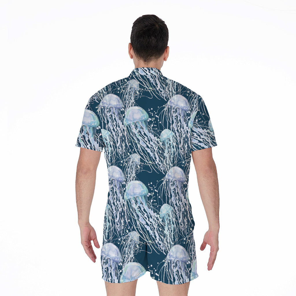 Watercolor Jellyfish Pattern Print Men's Rompers