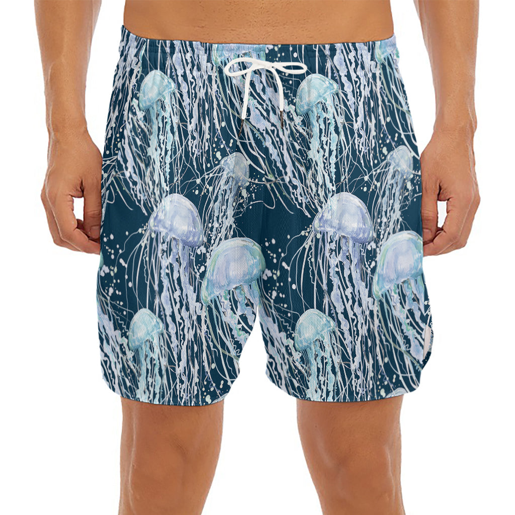 Watercolor Jellyfish Pattern Print Men's Split Running Shorts