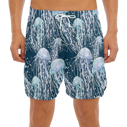 Watercolor Jellyfish Pattern Print Men's Split Running Shorts