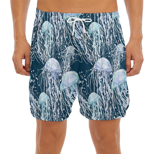 Watercolor Jellyfish Pattern Print Men's Split Running Shorts