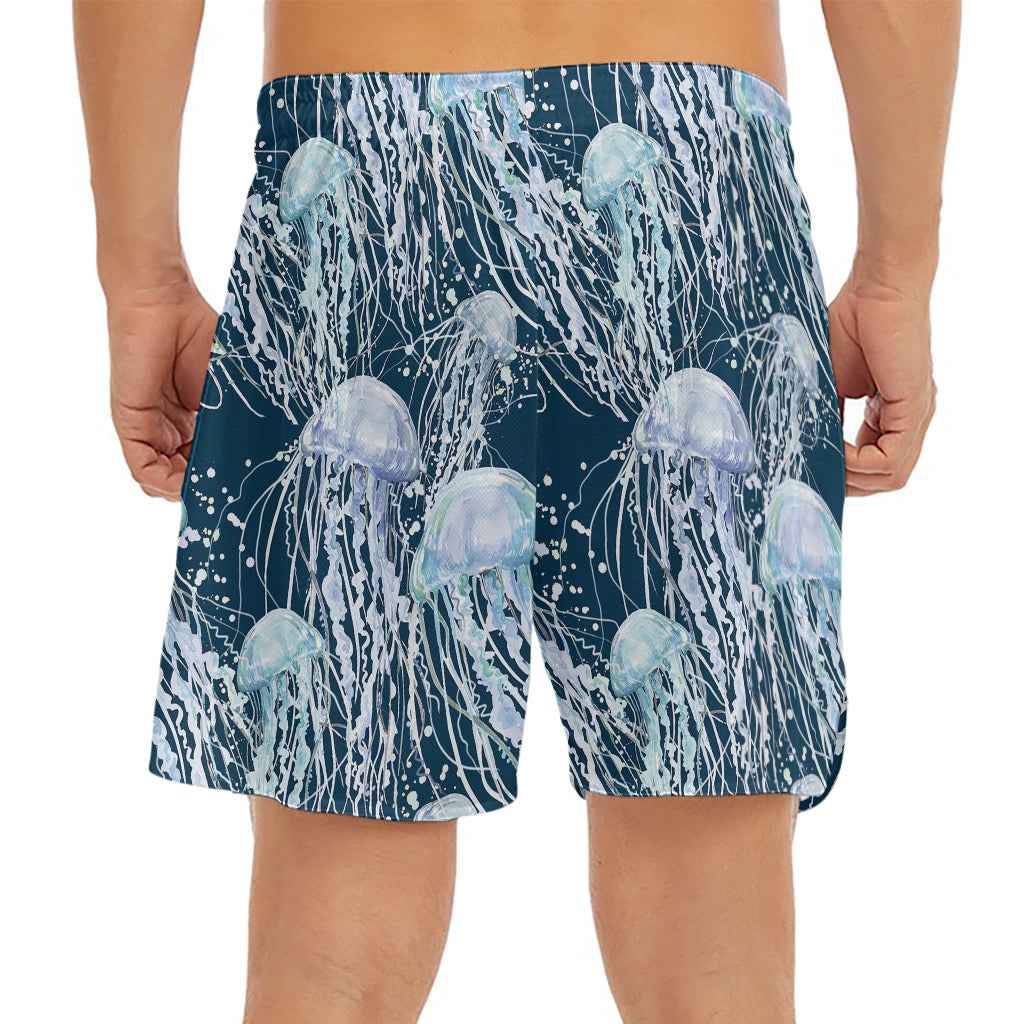 Watercolor Jellyfish Pattern Print Men's Split Running Shorts