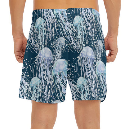 Watercolor Jellyfish Pattern Print Men's Split Running Shorts