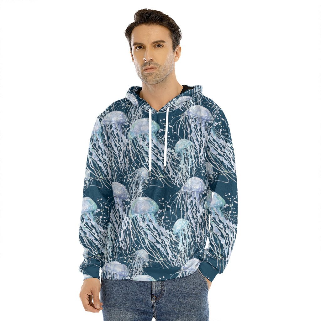 Watercolor Jellyfish Pattern Print Men's Velvet Pullover Hoodie