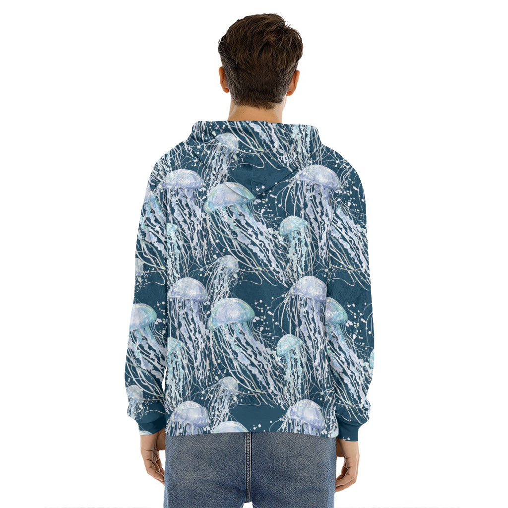 Watercolor Jellyfish Pattern Print Men's Velvet Pullover Hoodie