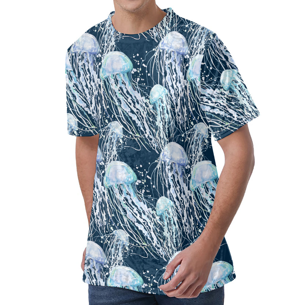 Watercolor Jellyfish Pattern Print Men's Velvet T-Shirt