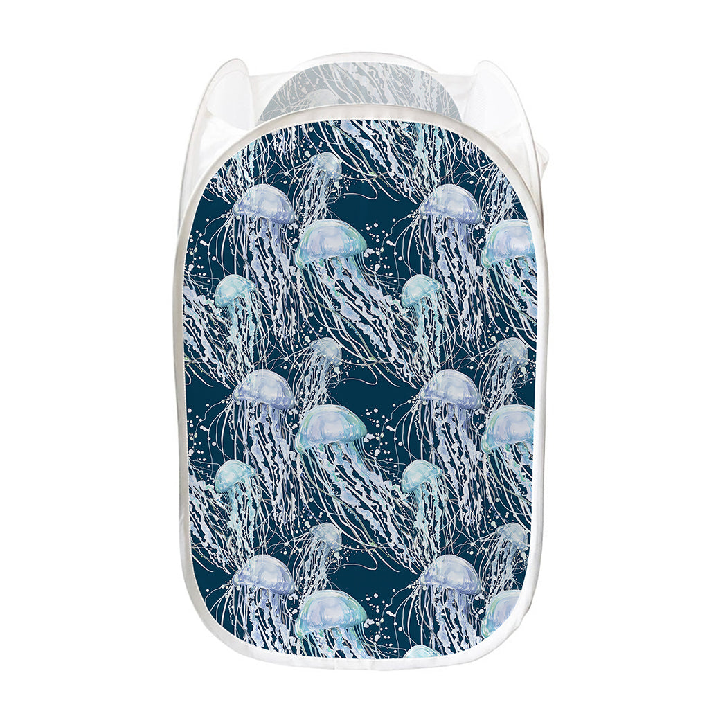 Watercolor Jellyfish Pattern Print Mesh Laundry Hamper