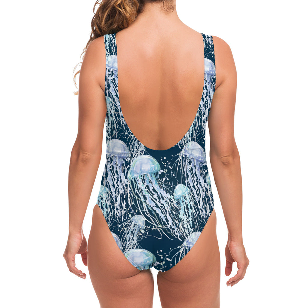 Watercolor Jellyfish Pattern Print One Piece Swimsuit