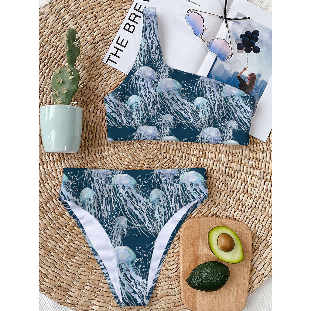 Watercolor Jellyfish Pattern Print One Shoulder Bikini Top